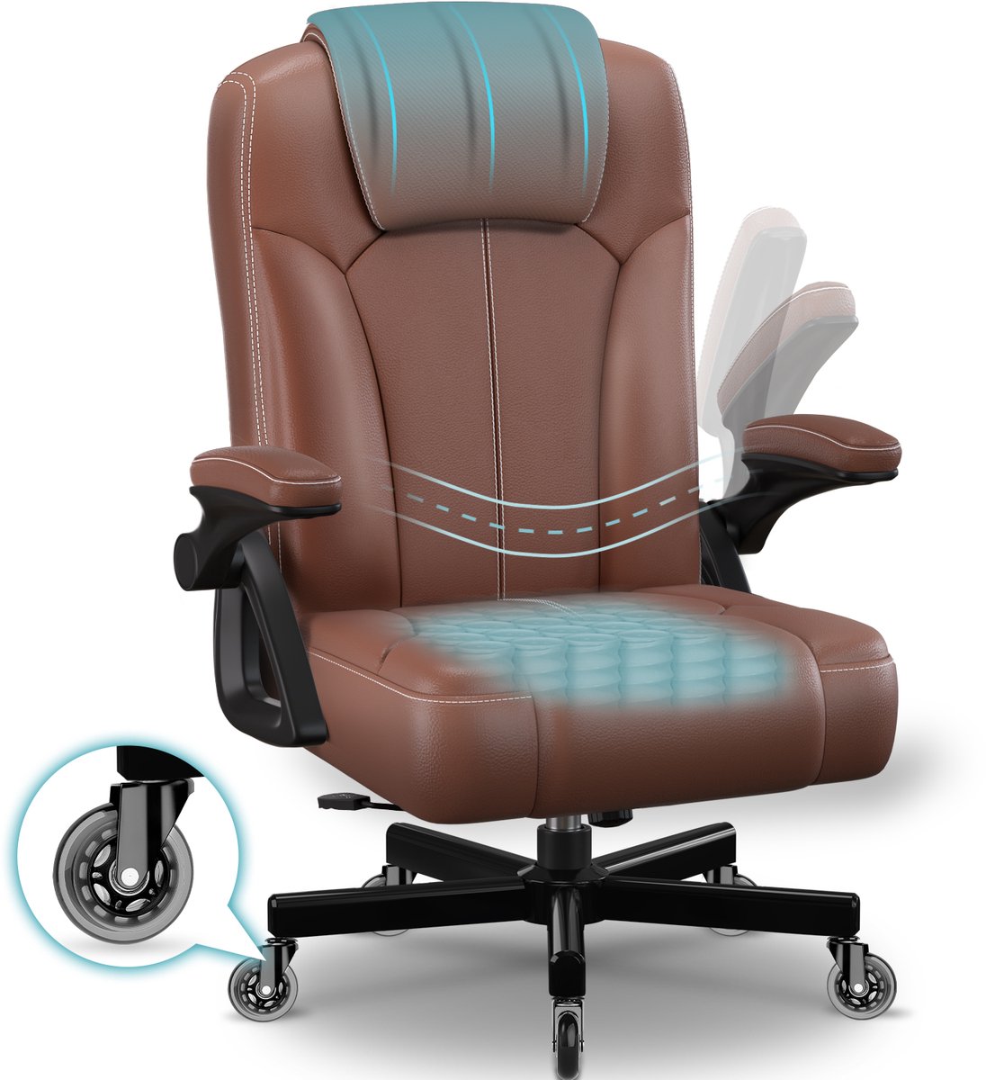 Hiazurm Bureaustoel - Ergonomische Bureaustoel - Comfortabele Kantoorstoel met S-vormige Rugleuning - 90° Opklapbare Armleuningen - Memory Foam Zitkussen - Verstelbare Rugleuning 90°-120° - 150 kg - Met stille wielen - Bruin
