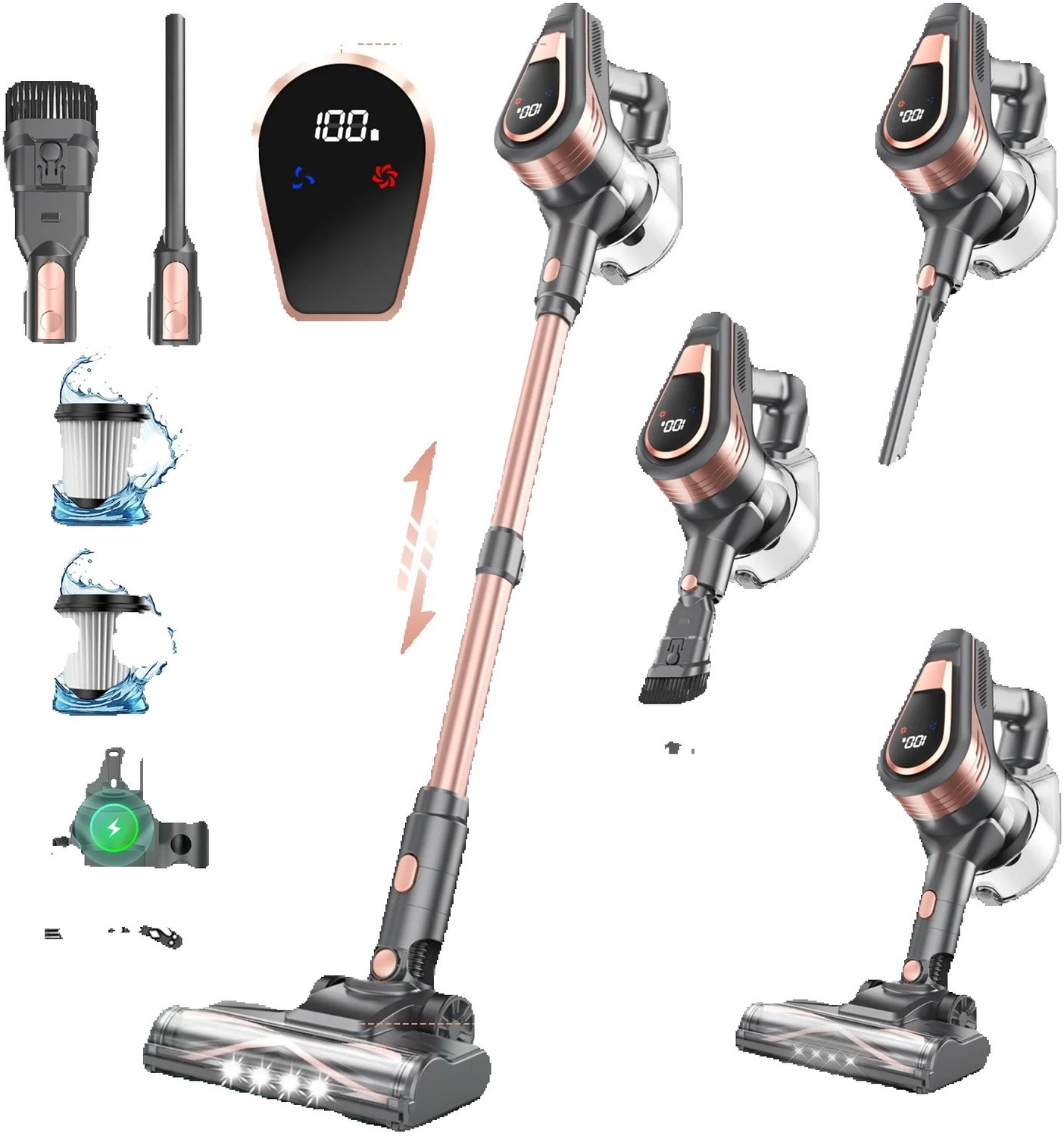 Āurvena AURORAS Draadloze stofzuiger - Snoerloze - Steelstofzuiger - Zuigkracht tot 23 KPa - 3 Standen - Afneembare batterij - LED - Rosé Roze