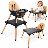 Veelzijdige kinderstoel met beige zitting en zwart blad op houten poten, omvormbaar tot speeltafel en stoeltje.