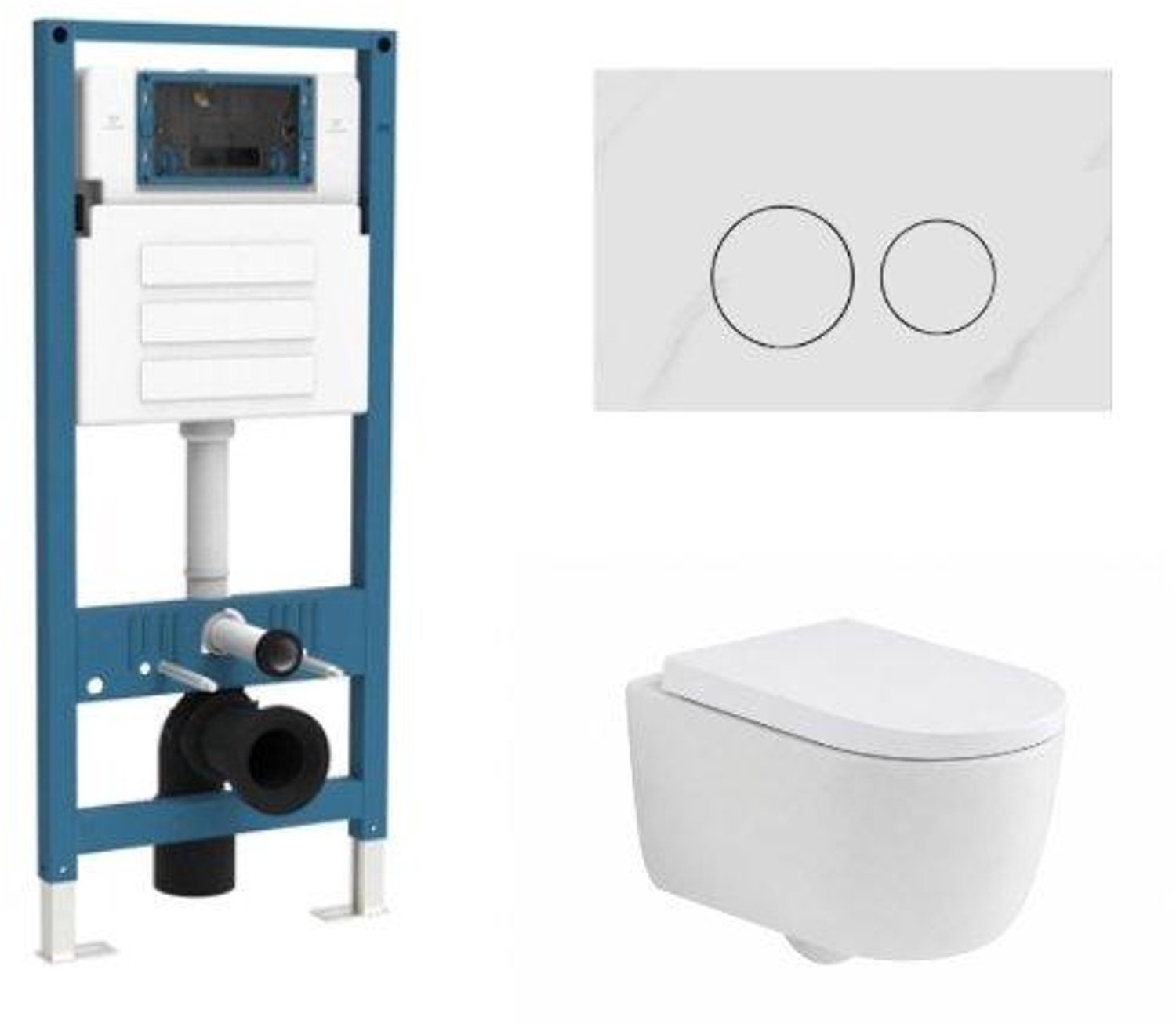 QeramiQ Dely Swirl Toiletset - inbouwreservoir Qeramiq Flush - 35mm zitting - natuursteen wit marmeren bedieningsplaat - ronde knoppen - mat wit
