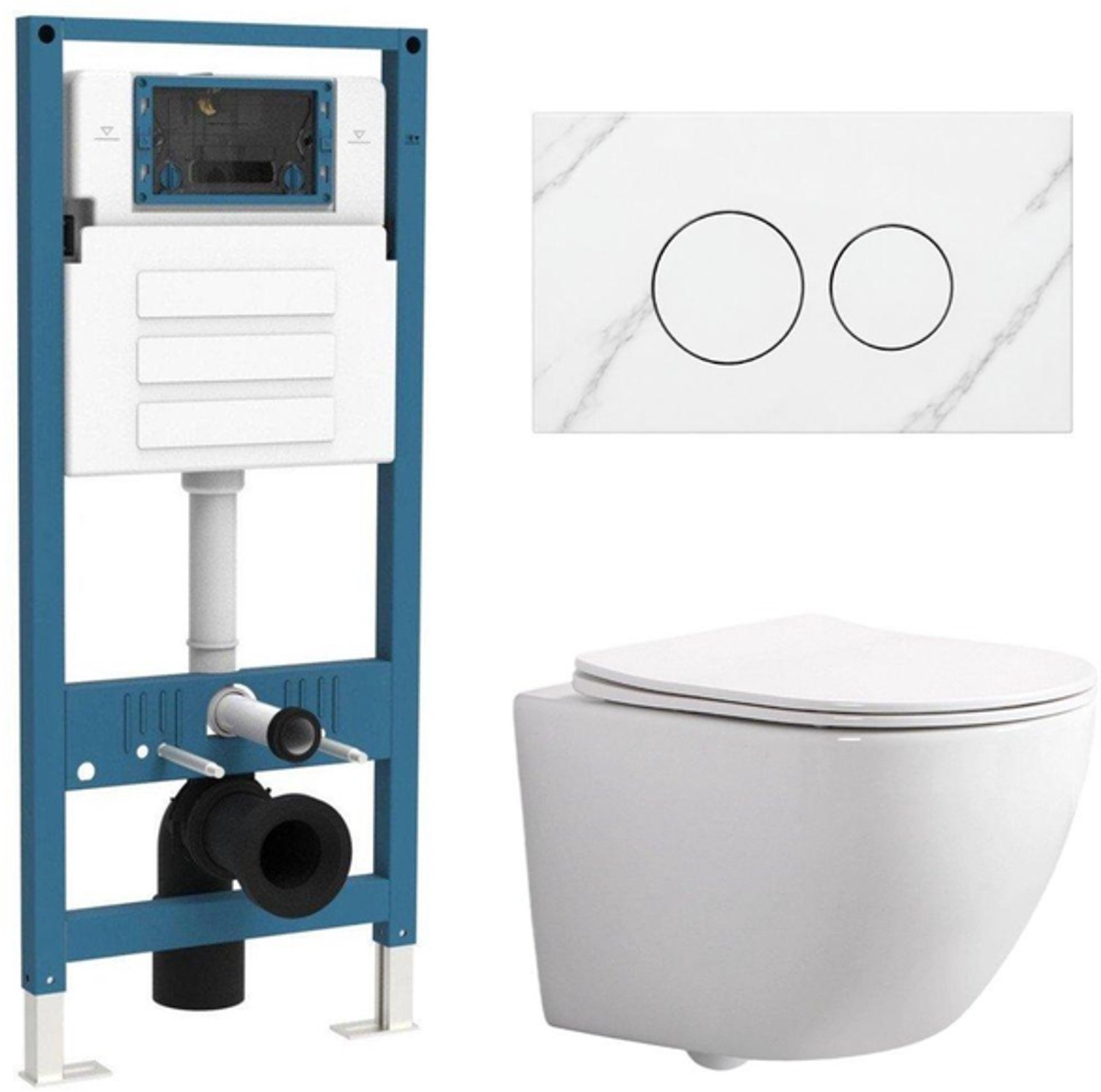 QeramiQ Dely Swirl Compact Toiletset - inbouwreservoir QeramiQ flush - slim zitting - marmeren bedieningsplaat wit - ronde knoppen - glans wit