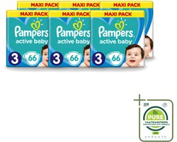 6 x Pampers – Luiers – Active Baby Dry Maat 3 – 66 Luiers - Grootverpakking - Vaatwasstrips - Baby Luier - Droge Luier - Vochtabsorptie - Baby Droogheid - Superabsorberende Kern