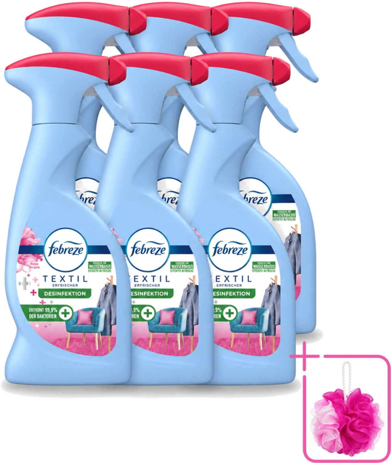6 x Febreze – Textielspray – Roze Anjers – 375 ml - Bulkverpakking - Textielgeur - Douchemop - Textielverzorging