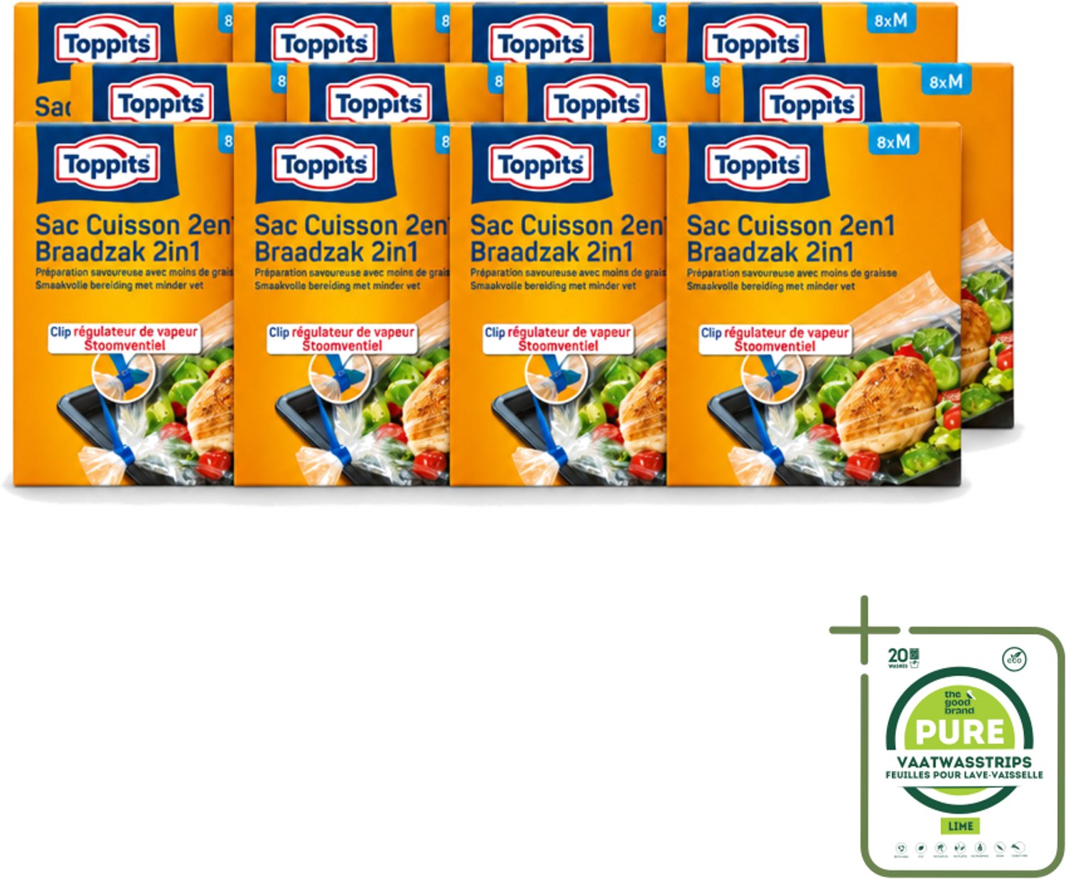 12 x Toppits – 2-in-1 Braad- & Stoomzakken – Maat M – 8 Zakjes - Grootverpakking - Vaatwasstrips - Braadzakken Oven - Braadzakken Magnetron - Gezond Koken - Smaakvol Koken - Vetvrij Bakken