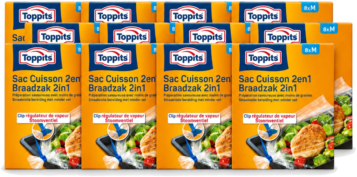 12 x Toppits – 2-in-1 Braad- & Stoomzakken – Maat M – 8 Zakjes - Voordeelverpakking - 12 stuks