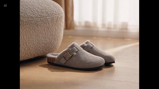 Dames Clogs – Warme Gevoerde Clogs met Gesp – Pantoffels – Stevige Zool – Grijs - maat 36 - Voetlengte 25 cm -