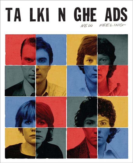 Talking Heads New Feeling albumhoes met een raster van portretten in kleurrijke rode, blauwe en gele vierkanten.