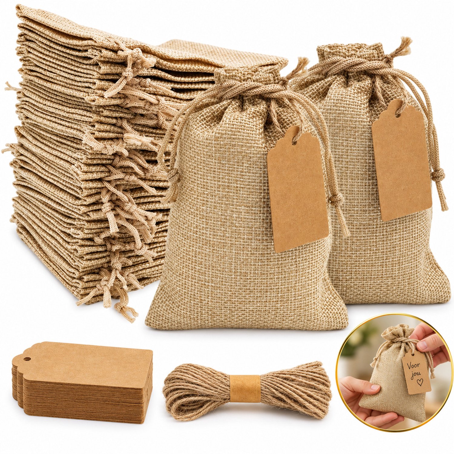 DIVERZA Jute Zakjes – 30 Stuks met Cadeaulabels en Touw – Trekkoordsluiting – Cadeauzakjes voor Traktatie – 10 × 15 cm – Naturel
