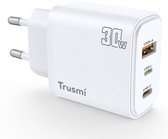 TRUSMI 30W GaN Snellader USB-C Adapter - USB-A + USB-C + Lightning - Power Delivery - Geschikt voor iPhone & Samsung - Wit