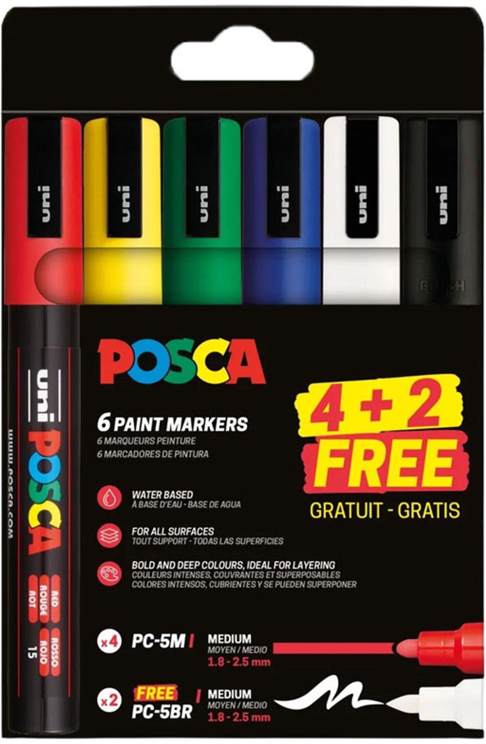 Posca Markers PC5M Set of 4 + 2 gratis PC5BR Medium Brush Tip