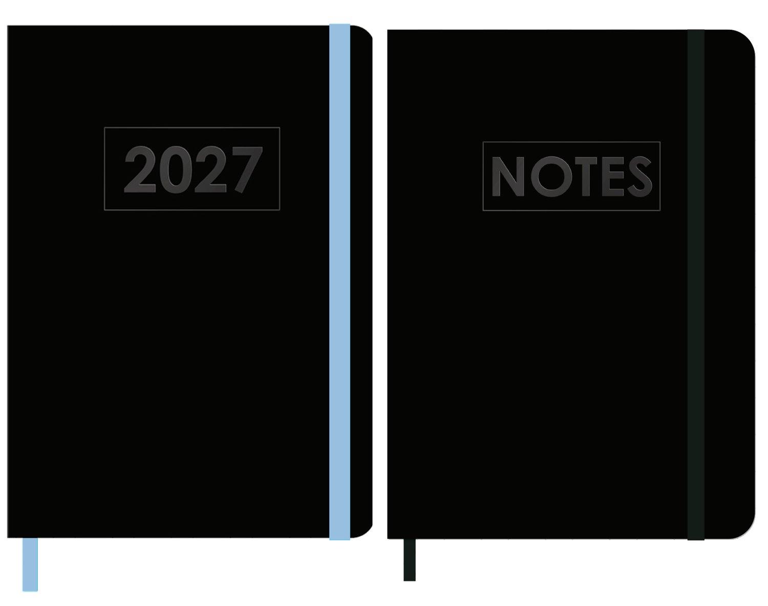 MGPcards - A5 Agenda 2027 - Weekoverzicht 1w/2p - Zwart + Blauw elastiek - 14,8 x 21 cm + Notitieboekje/opschrijfboekje - gelinieerd - 80 pagina's - A5 - Zwart