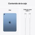 Contenu de la boîte : iPad bleu et câble de charge USB-C blanc.