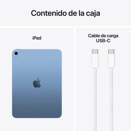 Contenu de la boîte : iPad bleu et câble de charge USB-C blanc.