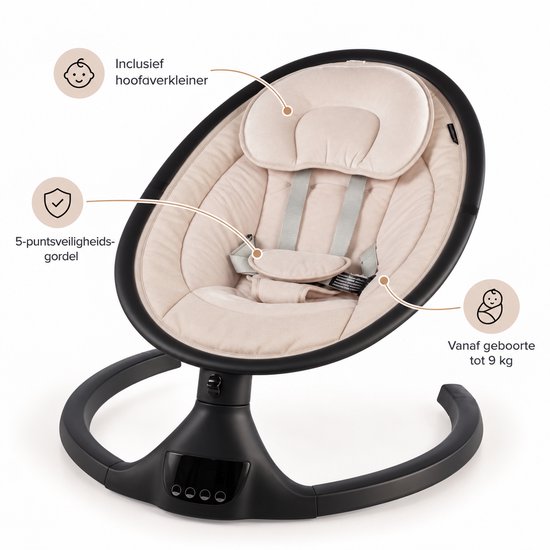 Zwarte wipstoel met beige inleg, 5-puntsgordel en hoofdsteun voor baby's vanaf de geboorte tot 9 kg.