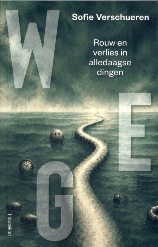 Boekomslag 'WEG' van Sofie Verschueren met een surrealistisch landschap van een pad over een donker, grijs water.