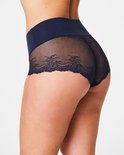 Donkerblauwe slip met hoge taille en kanten achterkant met bloemendetail.