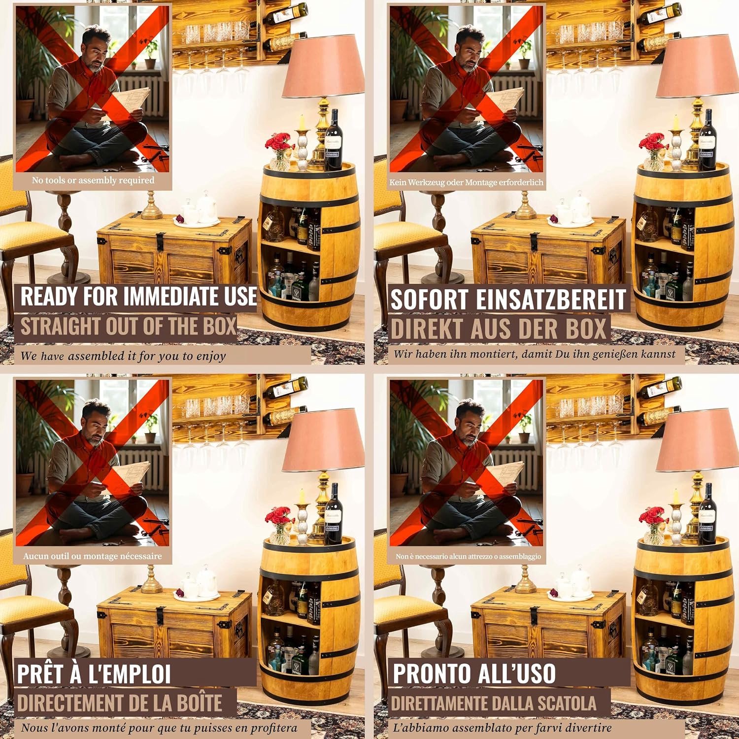 Luxe Wijnvat Bartafel met Minibar en Flessenrek – Vintage Houten Thuisbar – Rond Wijnvatmeubel 43 x 50 x 80 cm