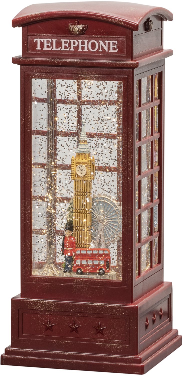 Kerstlantaarn voor binnen – telefooncel met Londen skyline - Warm wit – 25cm - Sneeuwlantaarn - Kerstverlichting op batterijen & USB incl. Timer