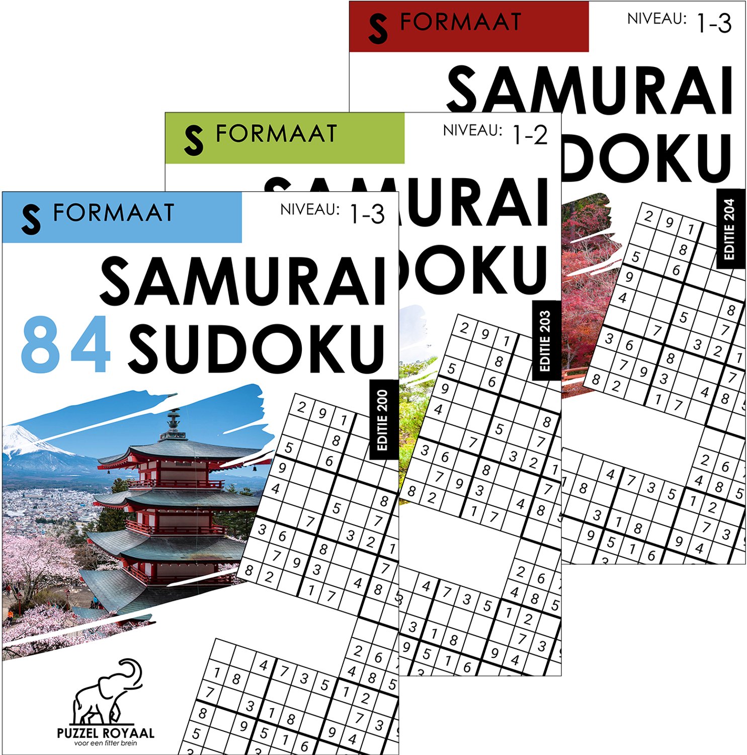 Samurai Puzzelboek Set – 3 Boeken (Niveau 1-3) | 84 Samurai’s per boek | A4 | Grote cijfers (6mm)