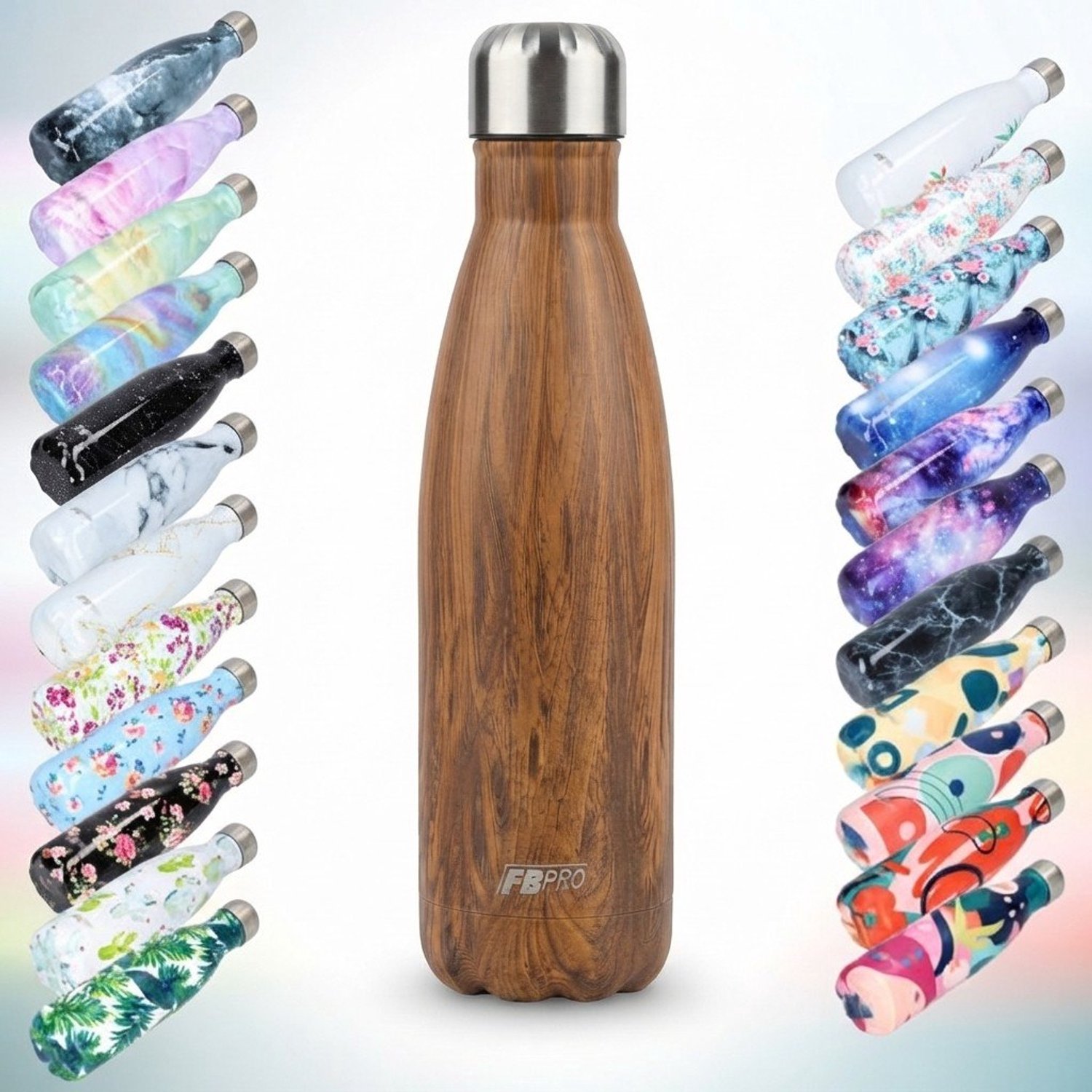 FBFS58, Thermosfles, Drinkfles, Waterfles - Modern & Slank Design - Houtpattroon - 500ml