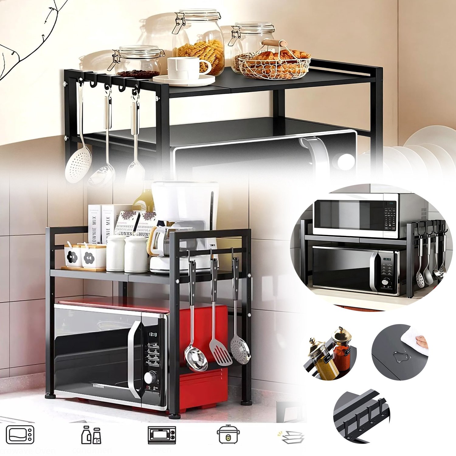 Uitschuifbaar Magnetron Rek, Opbergrek Met 2 Niveaus Voor Keukenapparatuur, Aanrecht Standaard Voor Airfryer.