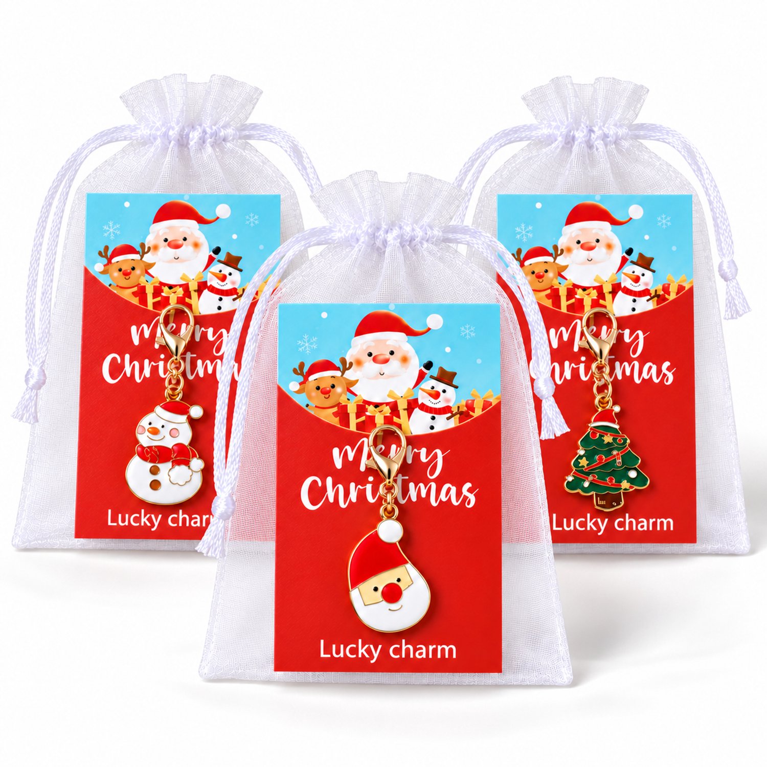 Kerst Sleutelhanger 8 Stuks - Kleine Kerst Cadeautjes met Kaartje & Zakje - Kerstman & Sneeuwpop - Kasey