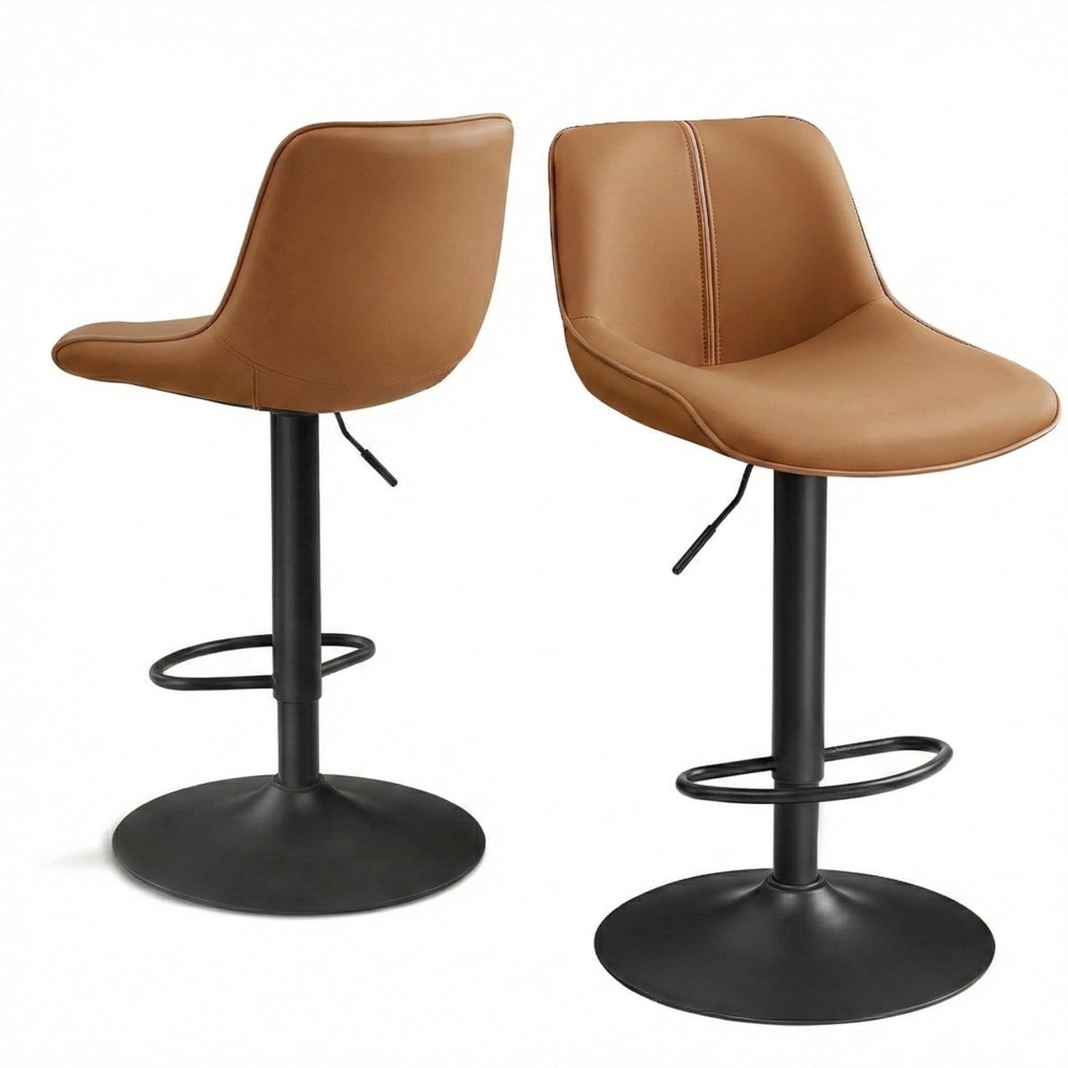 Klarven Barkruk Karamelbruin - Barkrukken Set van 2 - Barkruk Verstelbaar - Bar Stool - In Hoogte Verstelbaar en Draaibaar - Ergonomische Rugleuning Cognac/bruin