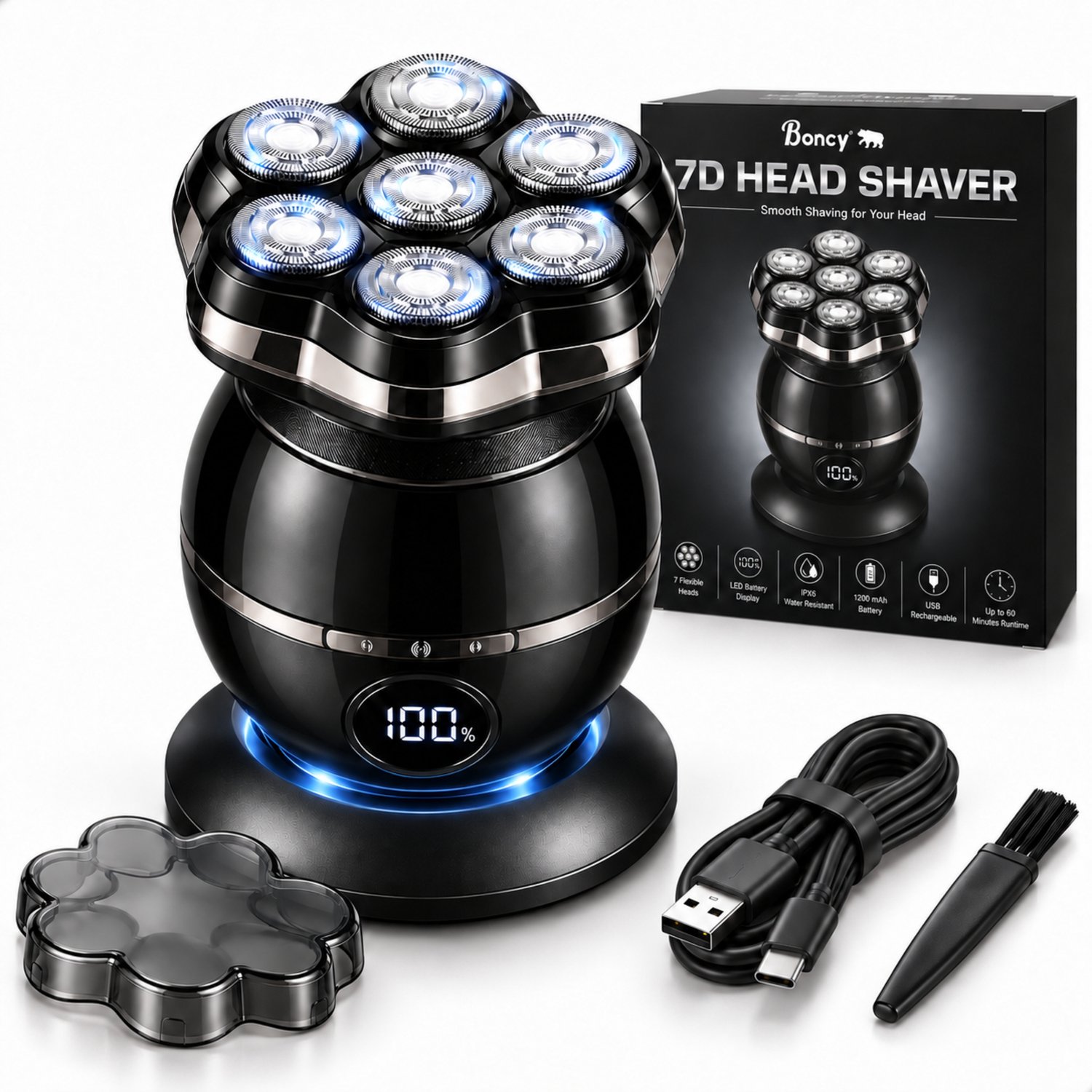 Boncy® Premium Scheerapparaat Mannen - Head Shaver Pro - Skull Hoofd Scheerapparaten - Heren Scheermachine 7 Koppig - Elektrisch Hoofdscheerapparaat voor Kaal Scheren - Headshaver