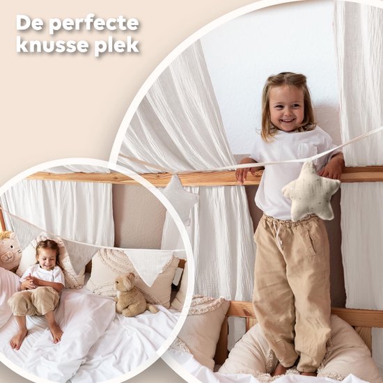 LILIMAUS Huisbed hemeltje met gouden details - bedhemel voor huisbed - 135 x 270 cm - mousseline katoen - wit — afbeelding 3
