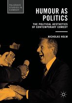 Boekomslag 'Humour as Politics' met een lachende man in pak, omringd door microfoons tegen een zwarte achtergrond.