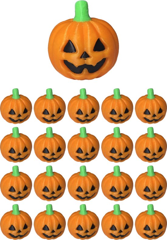 Verzameling van 20 kleine oranje pompoenen met groene steeltjes en zwarte griezelgezichten, gerangschikt in een grid.