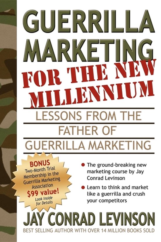Boekomslag 'Guerrilla Marketing for the New Millennium' door Jay Conrad Levinson met camouflagepatroon en gouden ster.