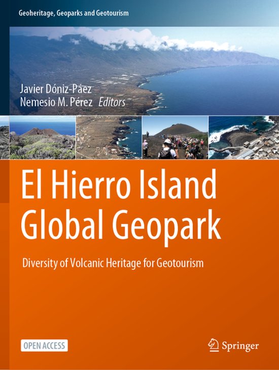 Boekomslag over El Hierro Island Global Geopark met foto's van vulkanische landschappen op een oranje achtergrond.