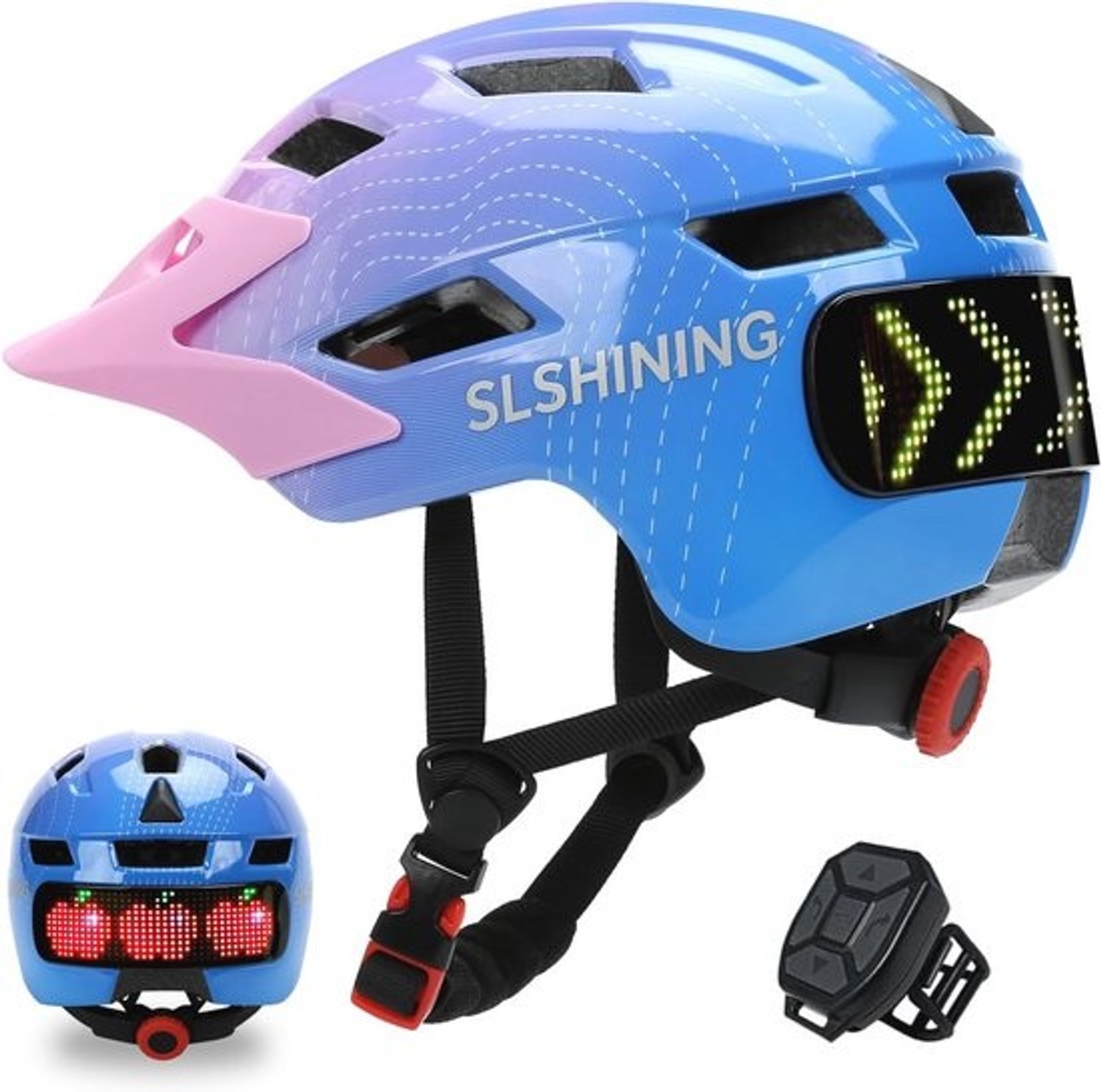 Kinderfietshelm met LED-richtingaanwijzers en afneembaar zonneklepje