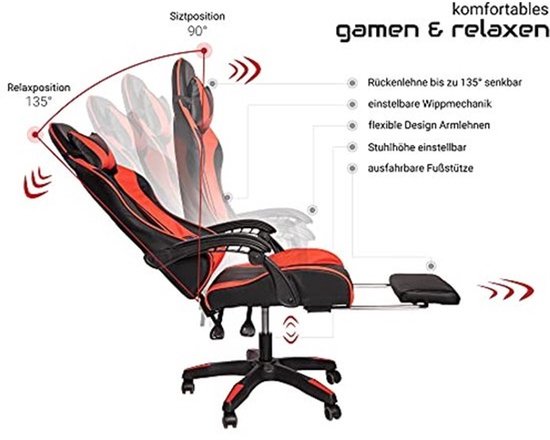 Ergonomische gamingstoel voor thuis en kantoor - Sportief design - Zwart/rood — afbeelding 3