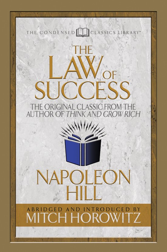 Boekomslag van The Law of Success door Napoleon Hill, met een blauw icoon van een stralend boek op een marmeren achtergrond.