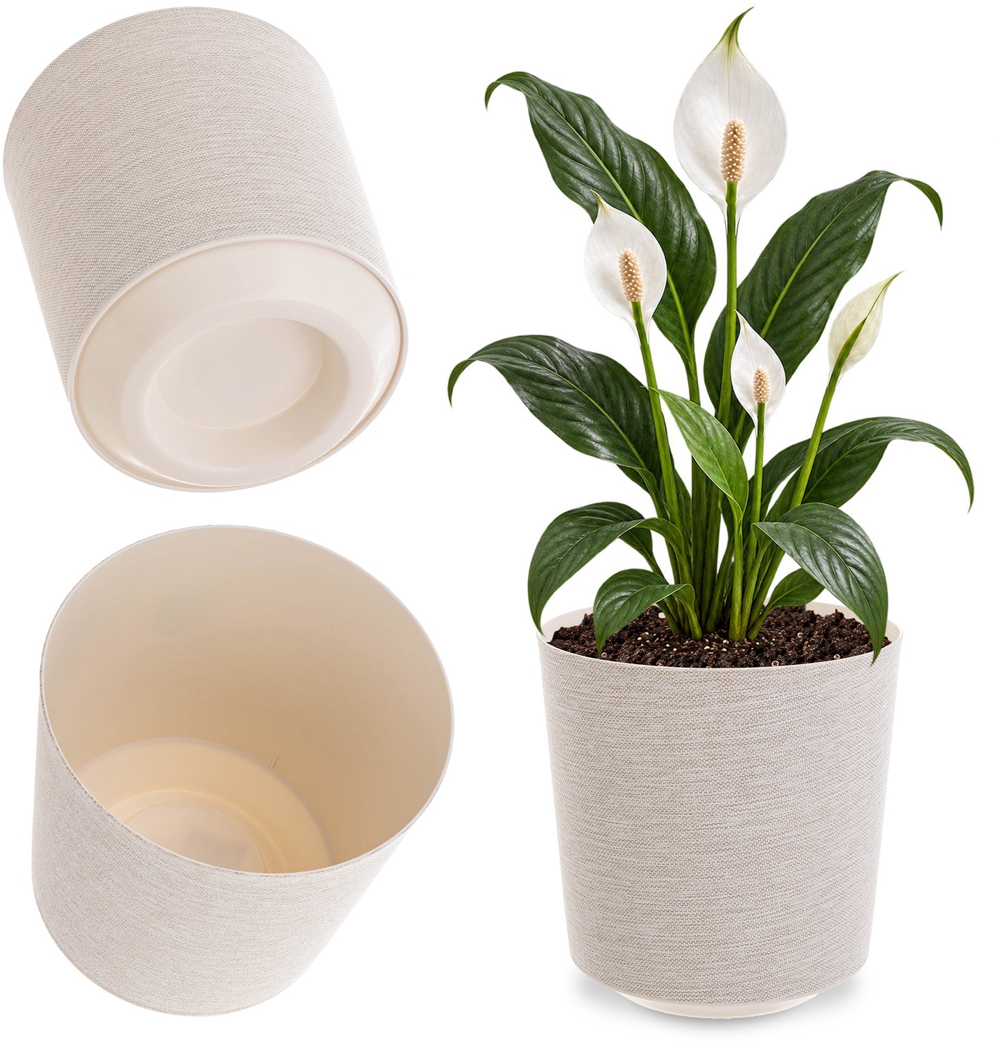 KADAX Decoratieve bloempot, ronde plantenpot, kunststof bloempot, plantenpot voor teelt van planten, kruidenpot voor binnen en buiten (crèmekleurig, 25 cm)