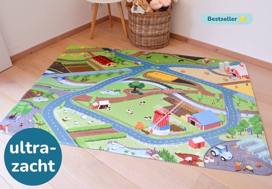 Overzicht van een zachte boerderijspeelmat met wegen, dieren en een windmolen in een kinderkamer.