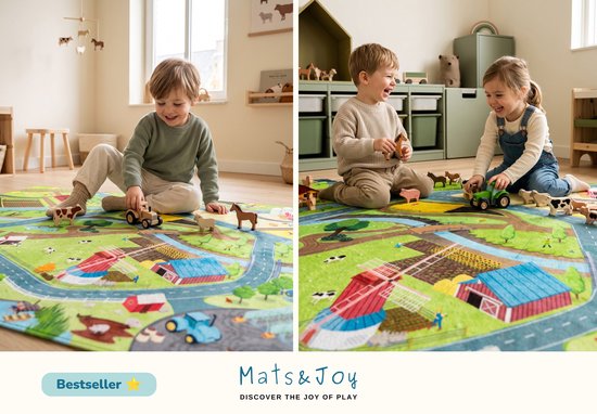 Twee composities: kinderen spelen op een boerderij speelkleed met wegen en dieren, binnen in een lichte kamer.