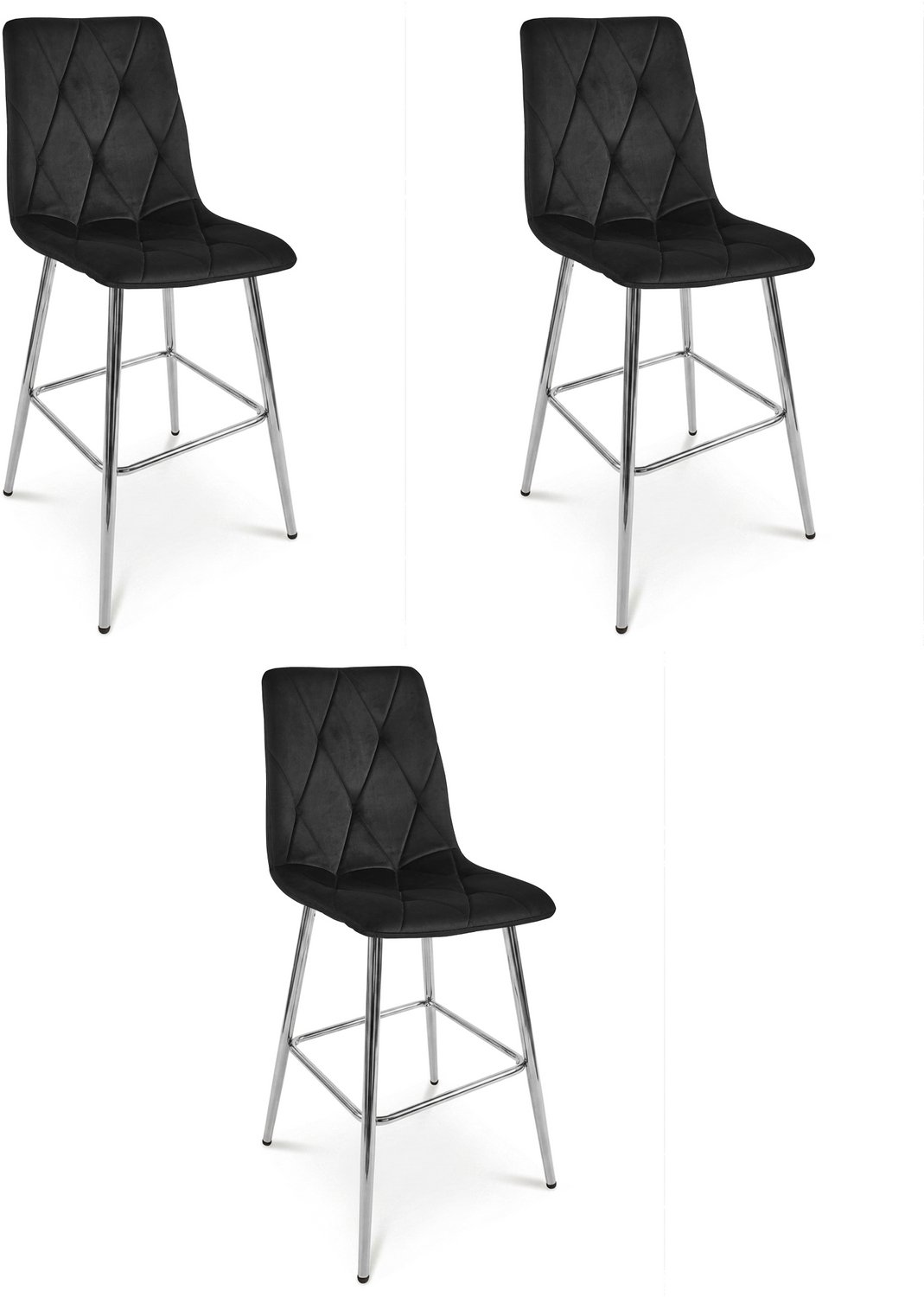 LEOBERT LIBRA Barkrukken – Set van 3 – Zwart Velvet – Metalen Onderstel – Met Rugleuning – Met Voetsteun – Modern Design – Voor Keukeneiland, Bar en Keuken