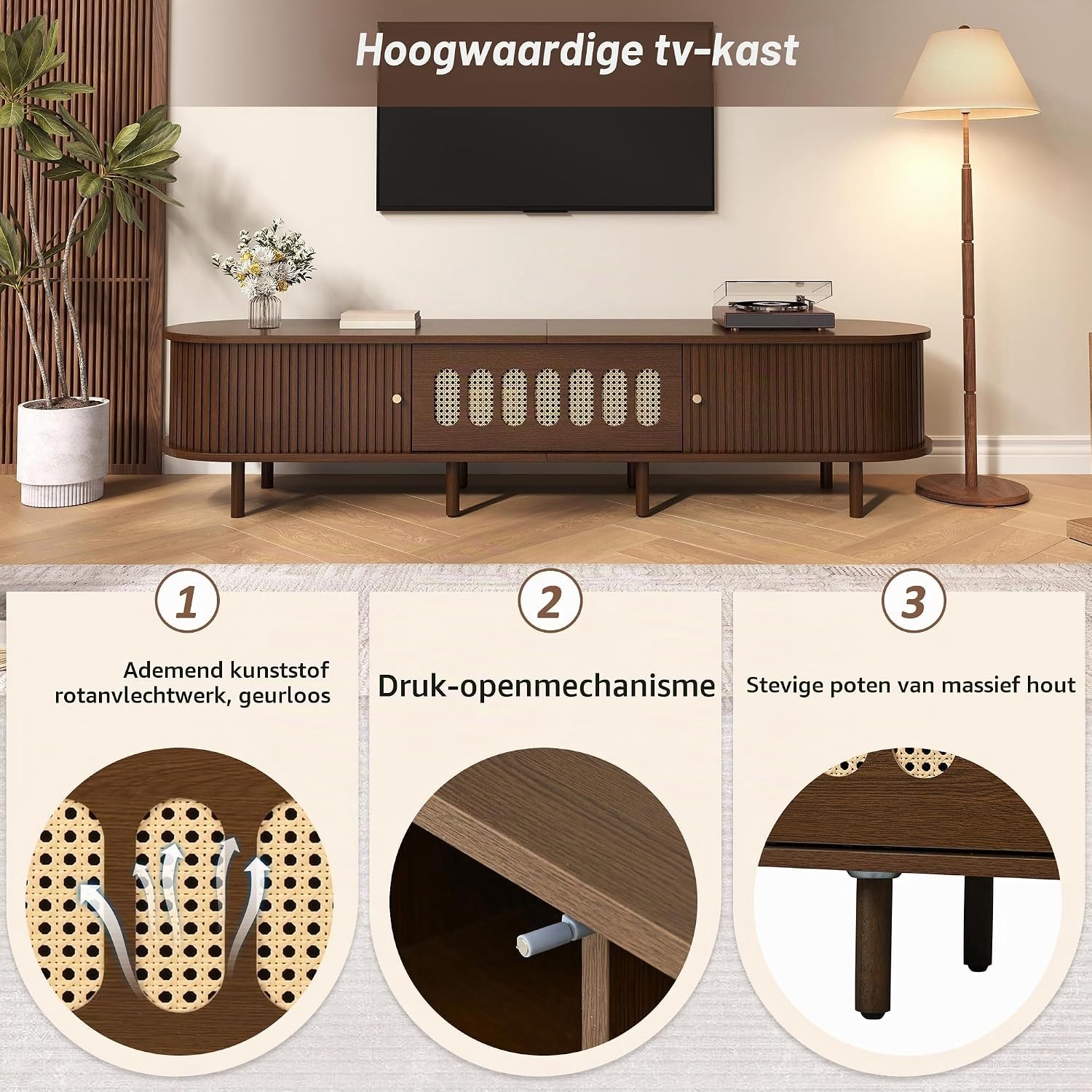 Ovaal TV-meubel Verona 180 cm in Donker Walnoot met Rotan Deuren – Lowboard voor TV tot 80 Inch