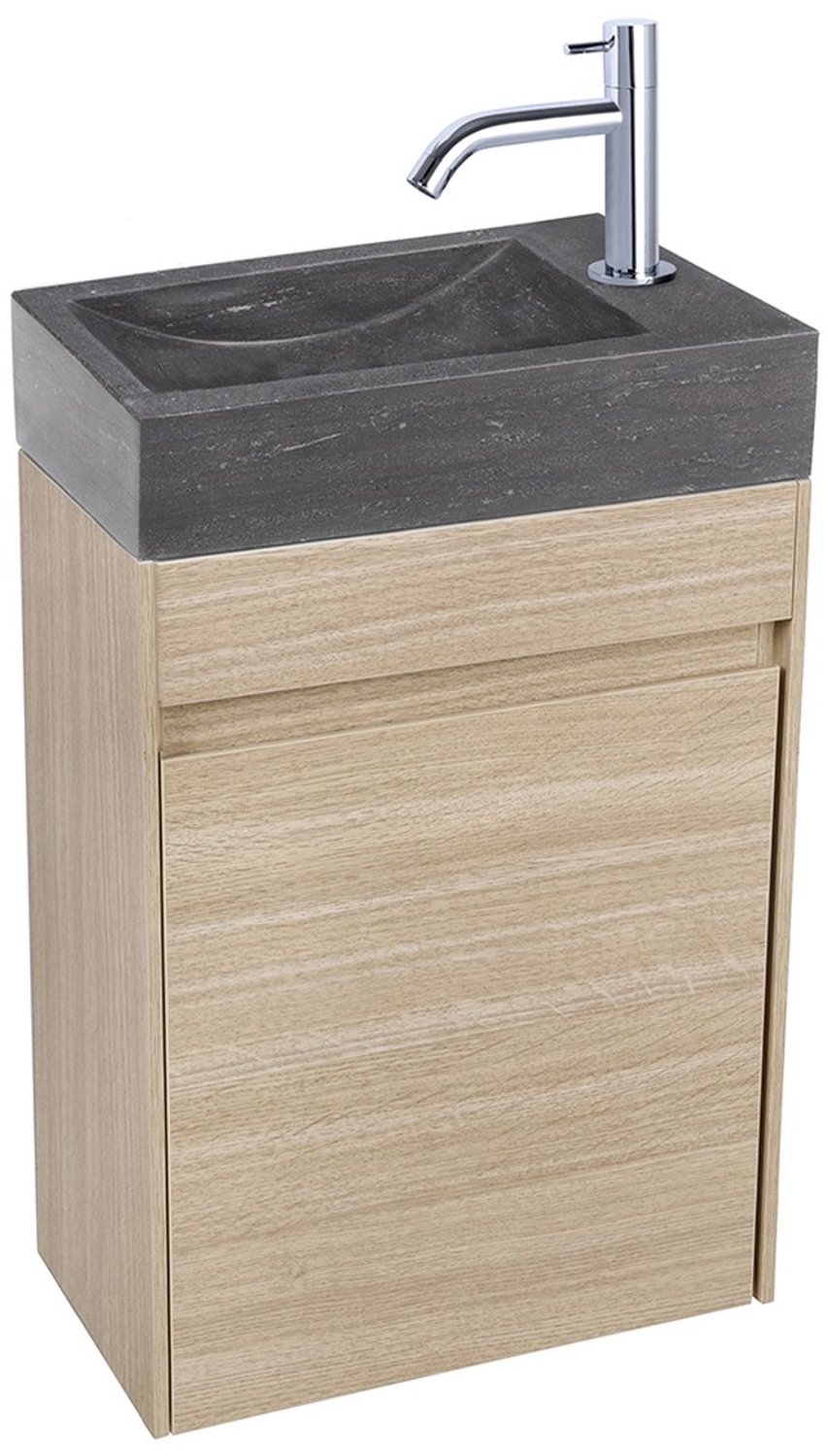 Hura L Set Toiletmeubel - Fontein Limestone - Meubel Eiken - Kraan Chroom - 1 Kraangat - Badkamermeubel - Sanitairmeubel - 2 Jaar Garantie - Nieuw - Reparatie Carry-in