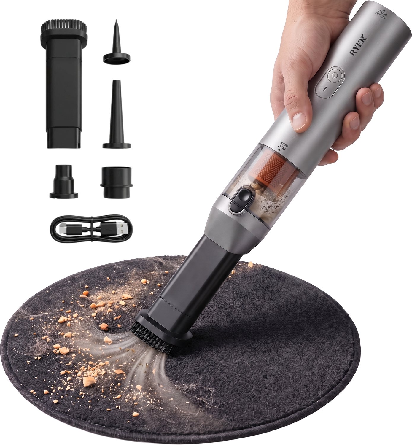 RYER Kruimeldief - Draadloze Handstofzuiger - 120W - 30 Min Accuduur - HEPA-filter - Voor Zuigen, Blazen, Oppompen & Vacuümopslag - Incl. 5 Opzetstukken Mat grijs
