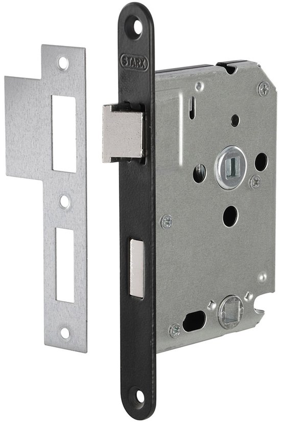 Zilverkleurig Starx WC-insteekslot met zwarte voorplaat, 50x63 mm, inclusief bijpassende zilveren sluitplaat.