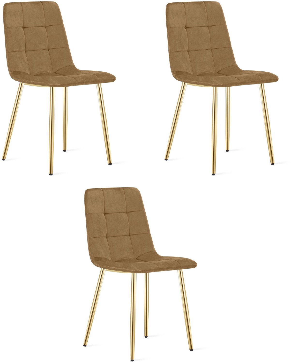 LEOBERT KARA Eetkamerstoelen – Set van 3 – Bruin Velvet – Goudkleurige Metalen Poten – Comfortabele Ergonomische Zitting – Modern Design – Velvet Stoel voor Woonkamer, Keuken en Eetkamer – Max. 110 kg per Stoel