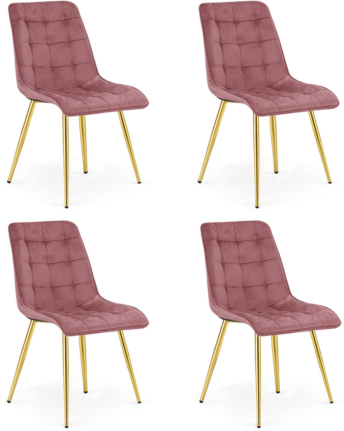 Oskar Set van 4 Eetkamerstoelen SPLIT – Donkerroze Velvet / Fluweel – Gestoffeerde Zitting – Goudkleurige Metalen Poten – Modern Design – Voor Eetkamer en Keuken