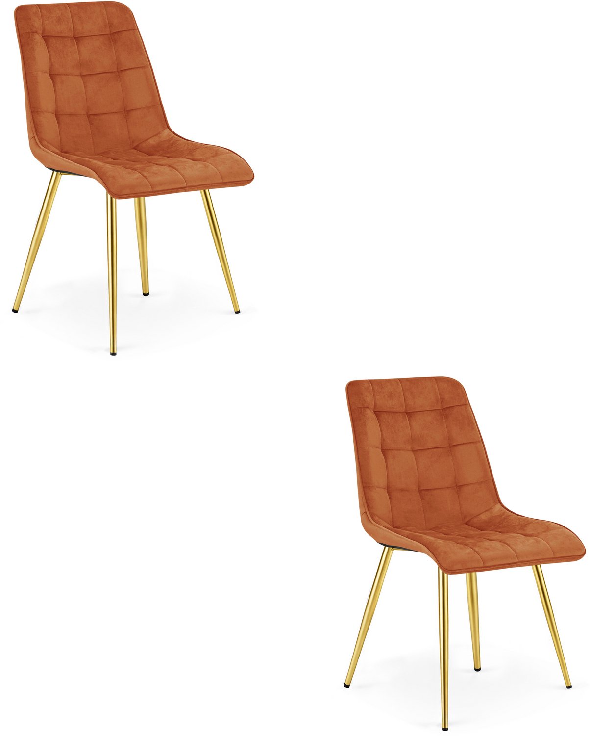 Oskar Set van 2 Eetkamerstoelen SPLIT – Koperkleurig Velvet / Fluweel – Gestoffeerde Zitting – Goudkleurige Metalen Poten – Modern Design – Voor Eetkamer en Keuken