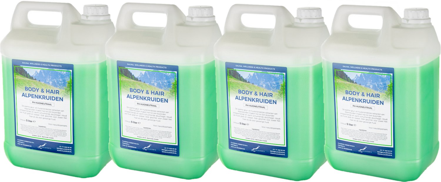 Claudius Body & Hair Alpenkruiden 5 liter - set van 4 stuks - showergel - navulling - voordeelverpakking
