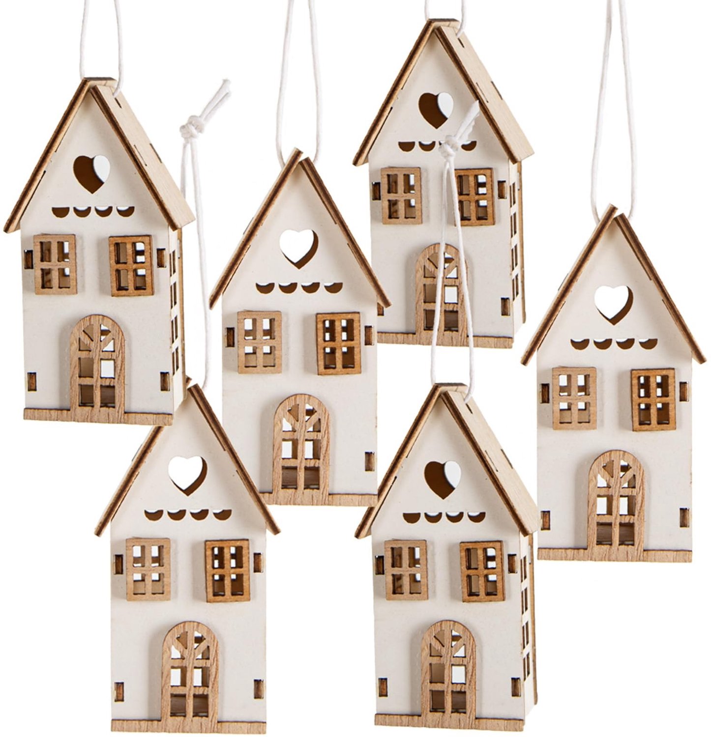 Famanu Kersthangers houten huizen decoratief set van 6 wit en natuurkleuren
