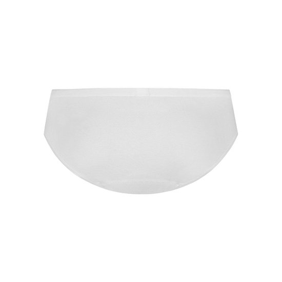Achterkant van een witte bikini slip met een naadloze tailleband.